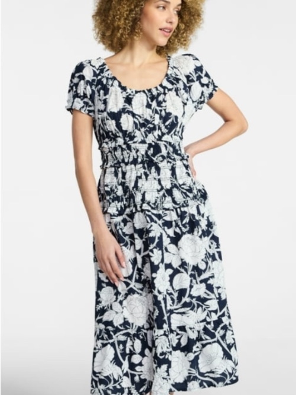 Time and Tru Navy and White Floral Smocked Midi Dress